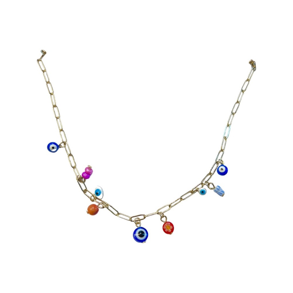 Gold Necklace w Evil Eyes